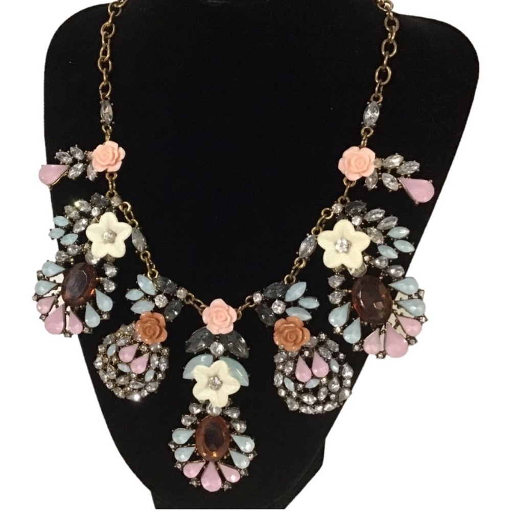 gold tone metal with blue & pink rhinestones & stones & pink & white flowers